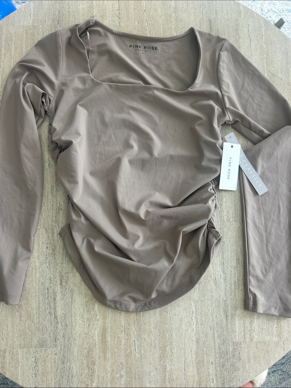 Pink Rose Taupe Long Sleeve Ruched Scoop Neck Top